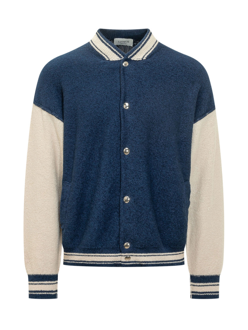 Blue Color Block Band Collar Jacket
