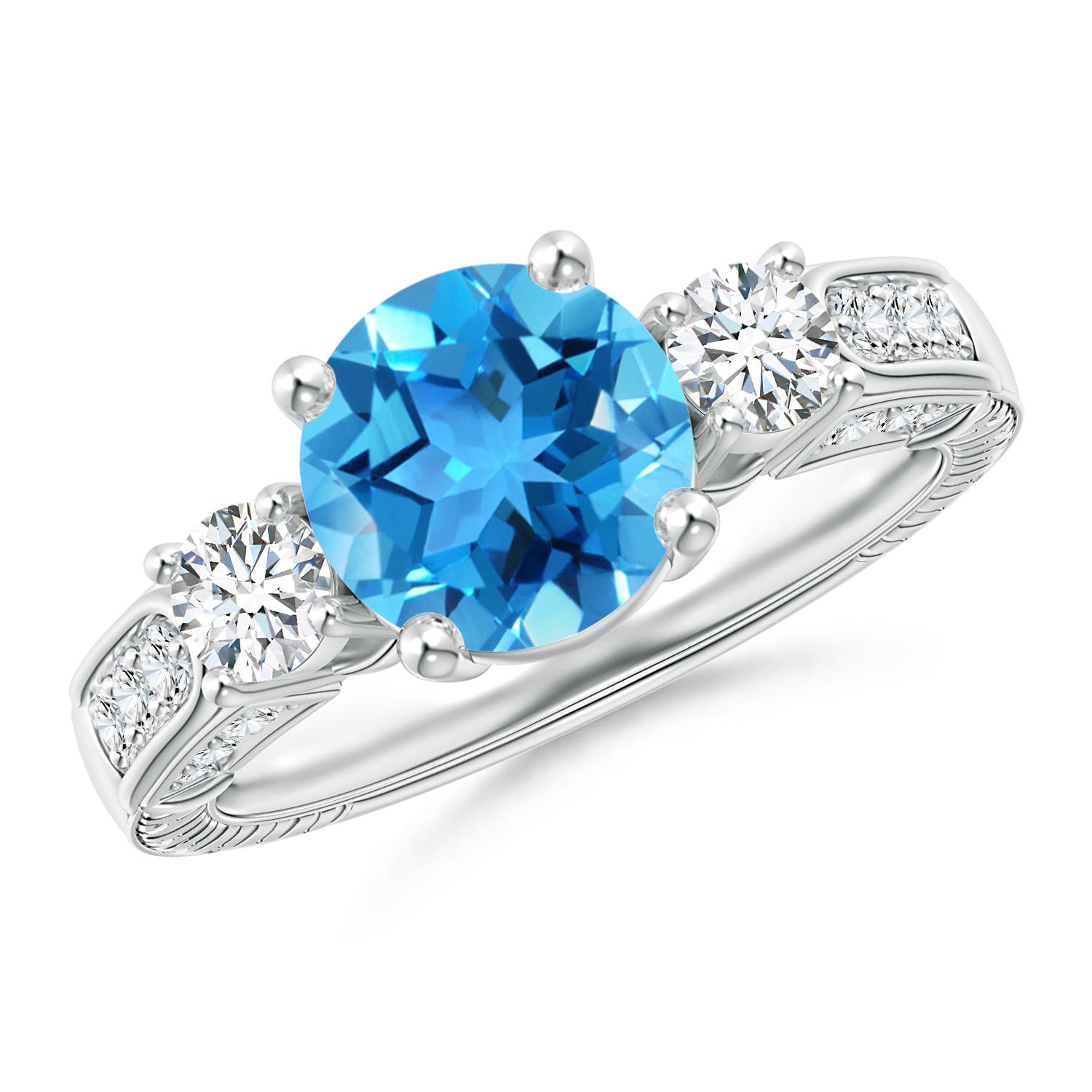 Angara 2.35 Carats Three Stone Round Swiss Blue Topaz and Diamond Ring in Platinum