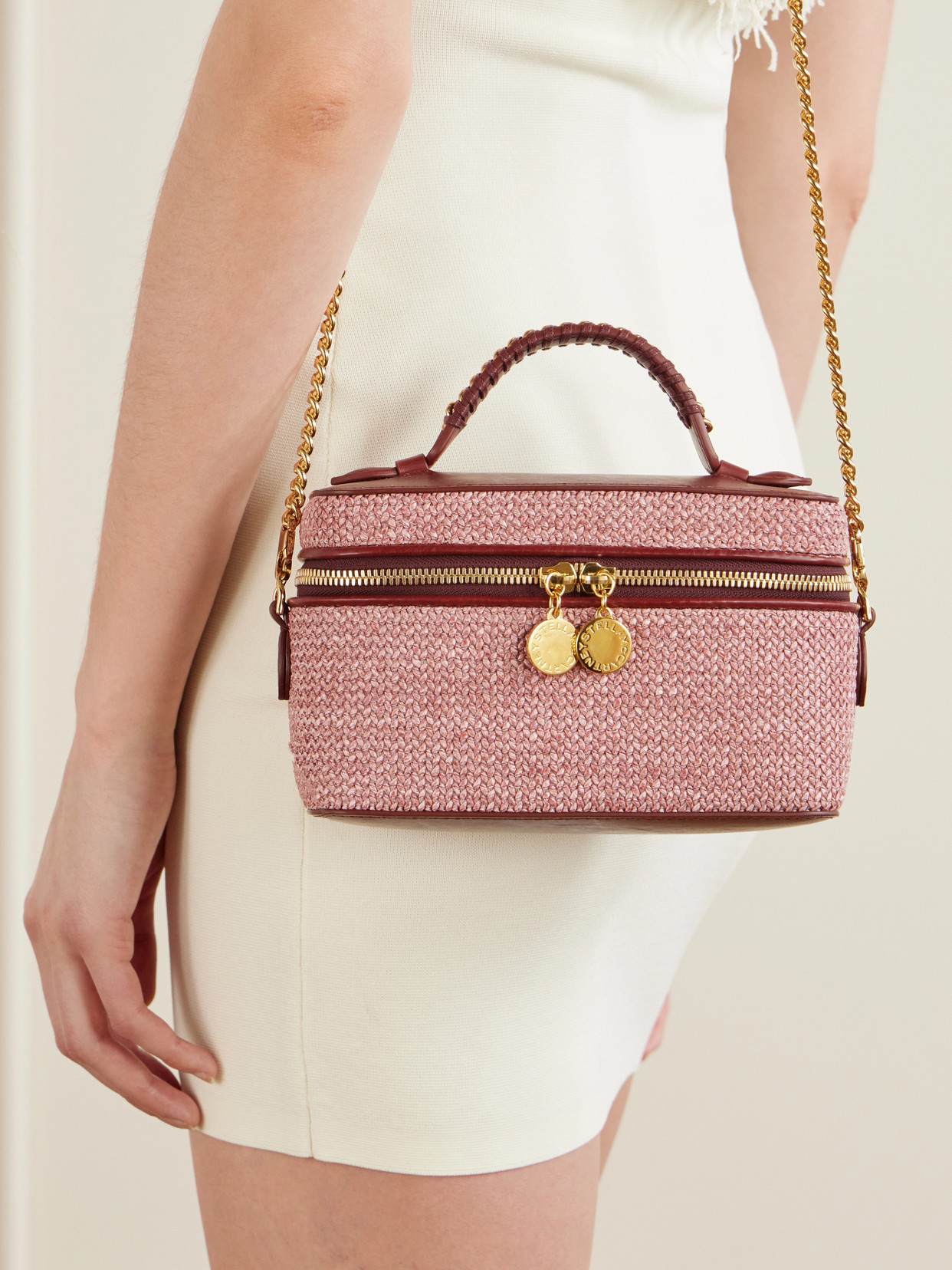 Falabella Vanity Case Vegetarian Leather-trimmed Raffia Shoulder Bag - Burgundy
