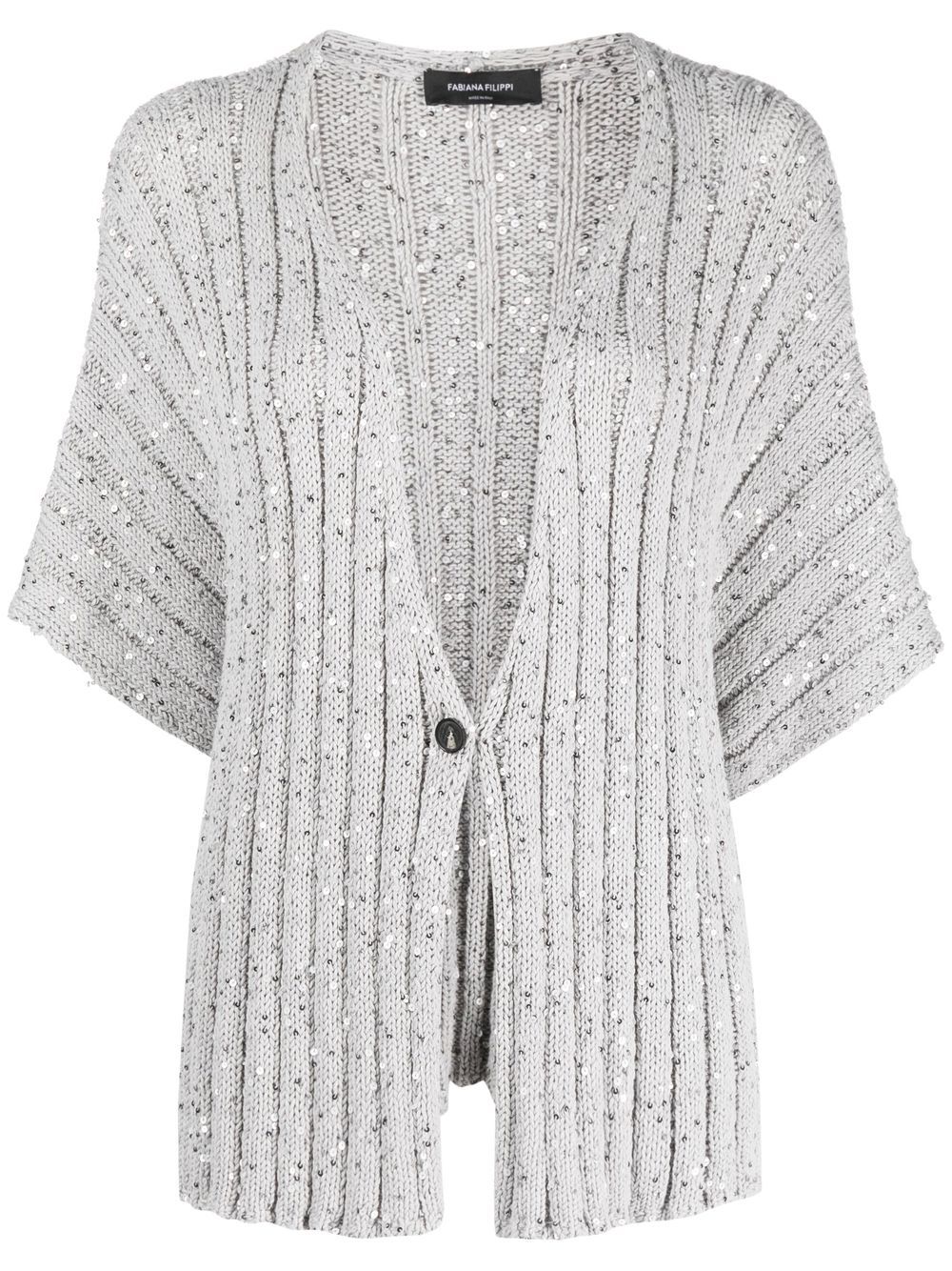 Sequin-embellished ribbed-knit cardigan - Silver