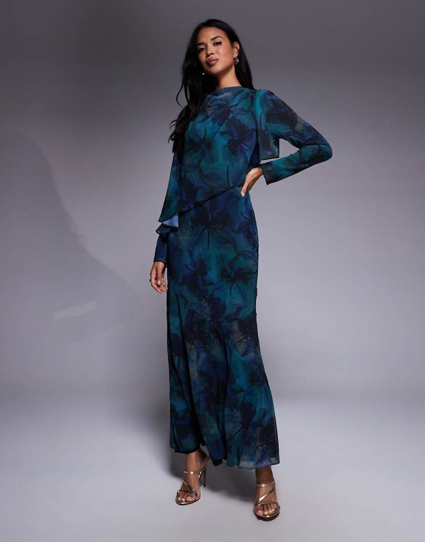 Ruffle cape maxi dress in deep blue abstract print-Multi