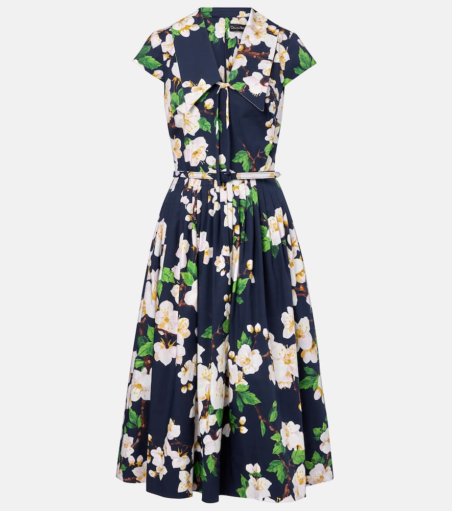 Floral pleated cotton-blend midi dress