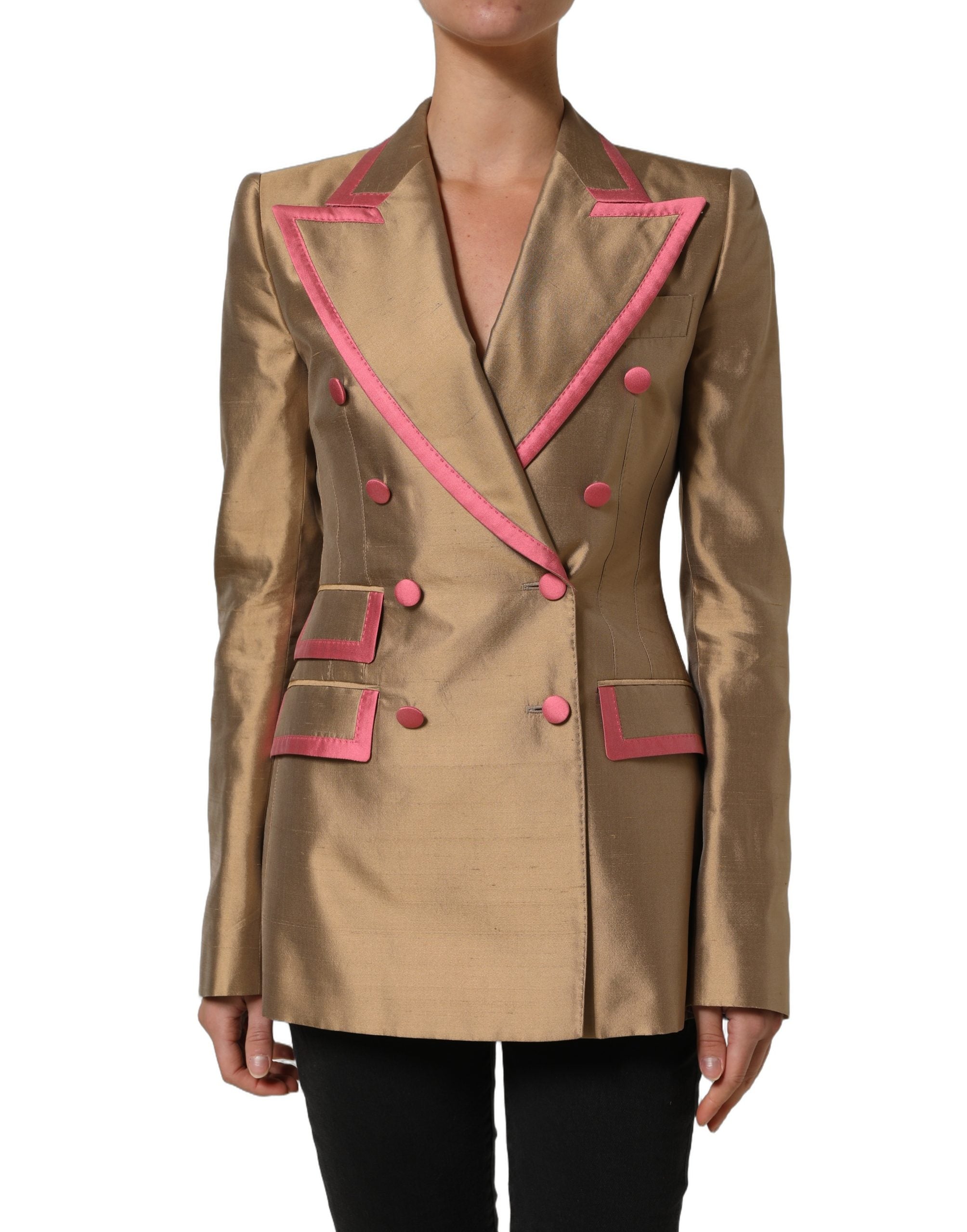 Silk Double-Breasted with Piped Trim Blazer — Gold