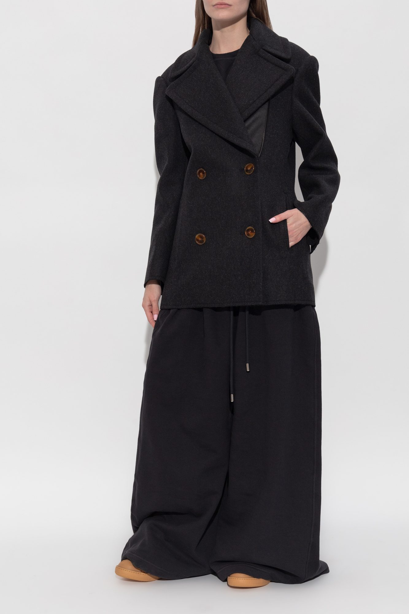 Short Double-breasted Coat, Women's, Black
