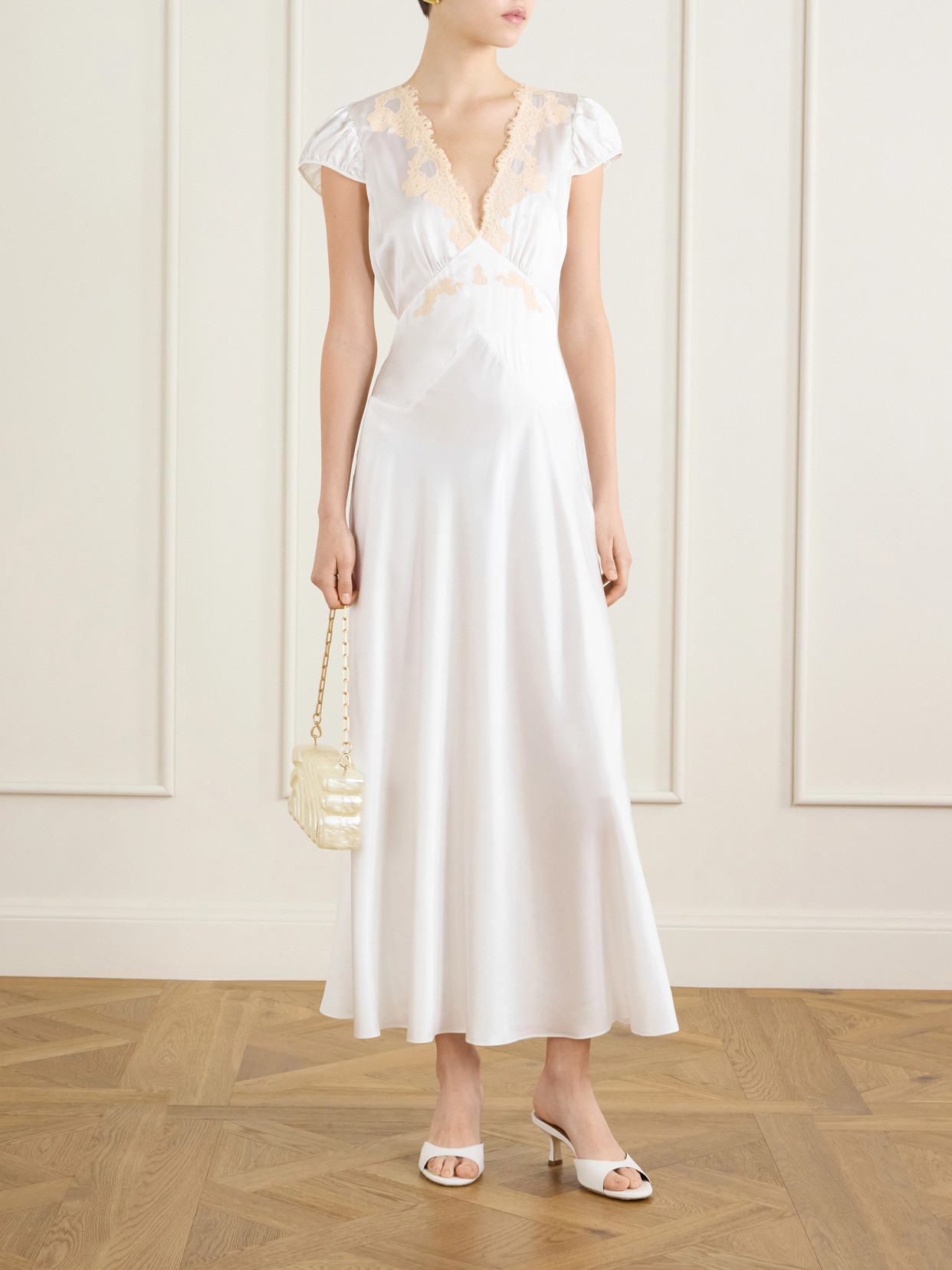 Coraline Corded Lace-trimmed Silk-satin Midi Dress - White