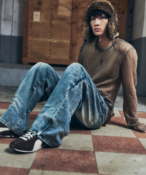 Washed Zipper Slit Denim Pants
