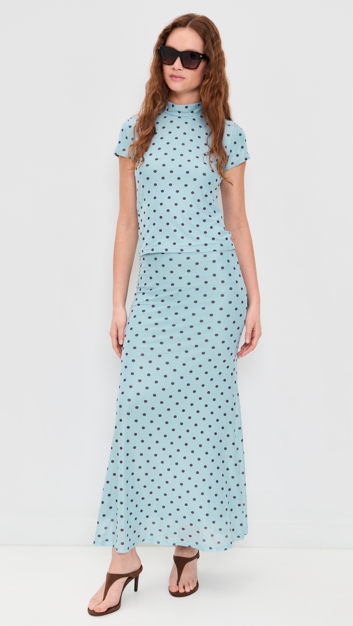 Polka Dot Mesh Maxi Skirt Blue/Brown