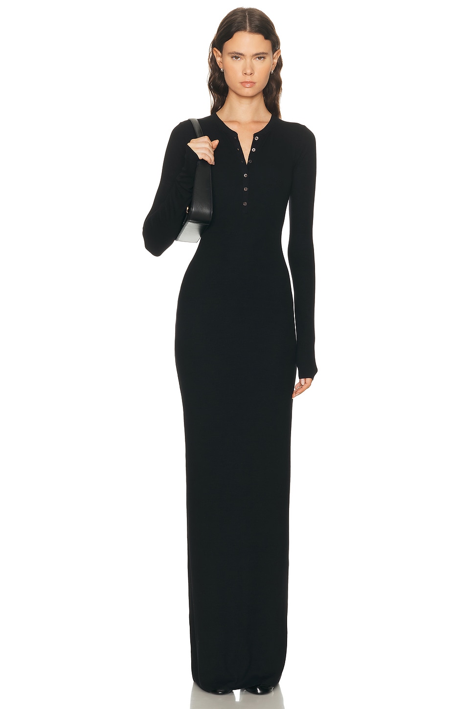 Eterne Long Sleeve Henley Maxi Dress in Black - Black. XS also in L, M