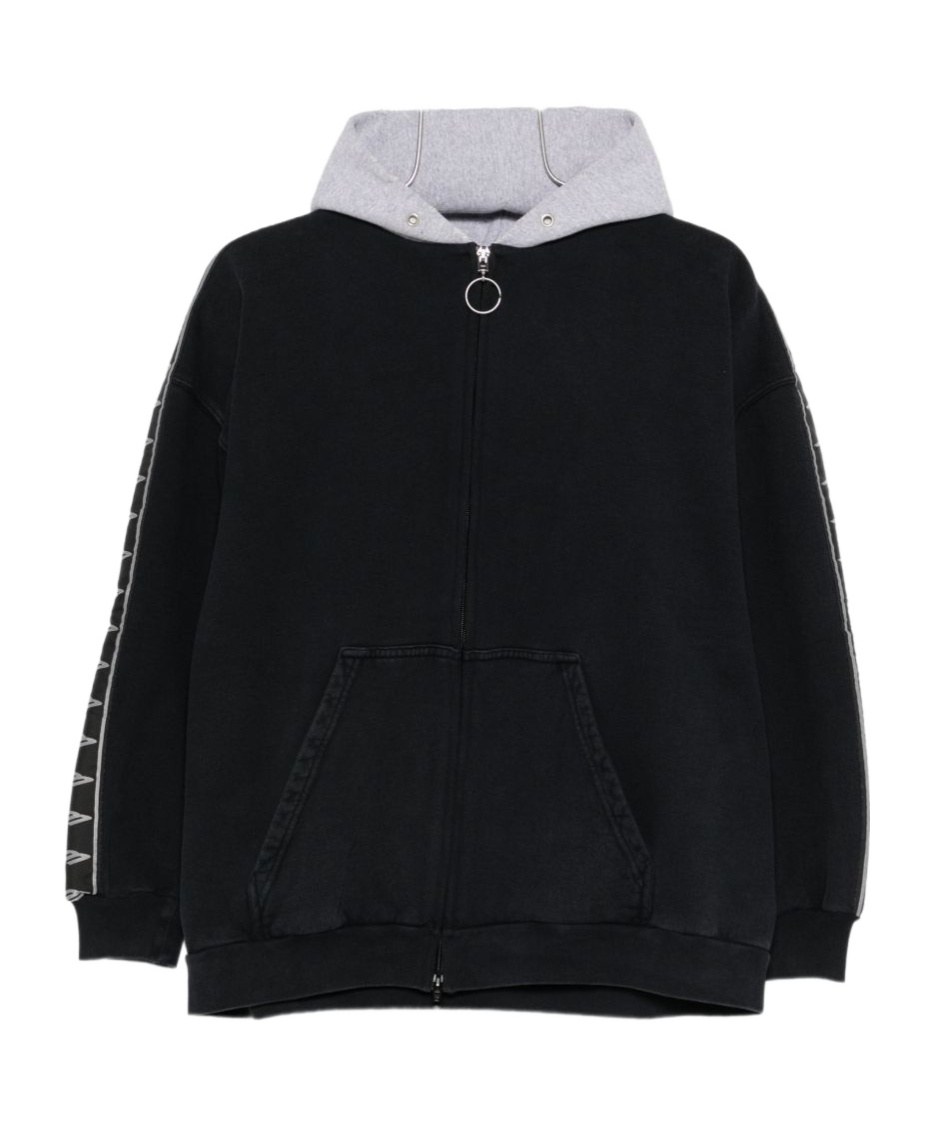 Men's Stripe Patched Hood Zip-up Hoodie in Faded Black/grey