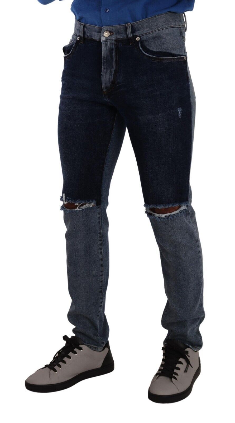Two-Tone Tattered Denim Jeans — Blue