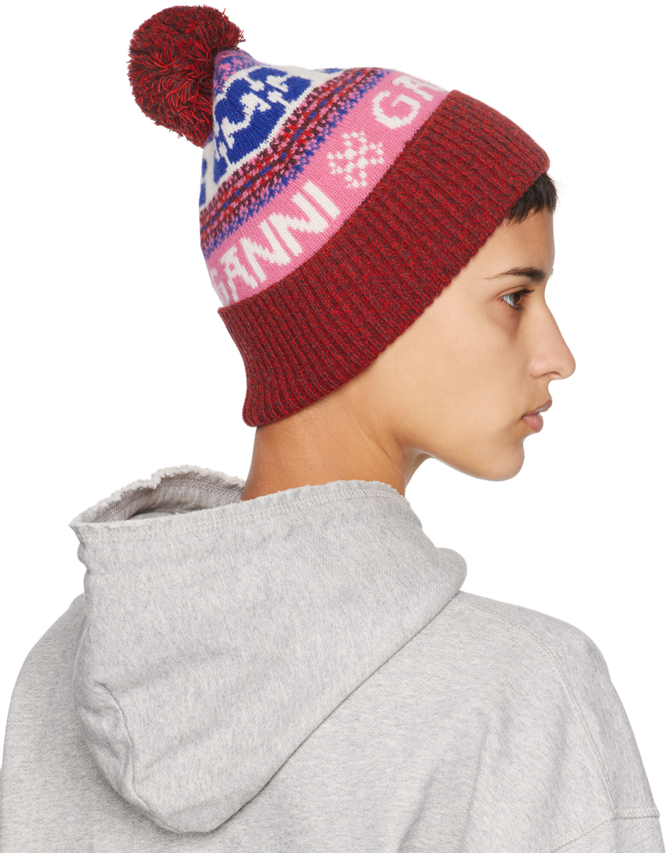 GANNI Red Graphic Wool Beanie