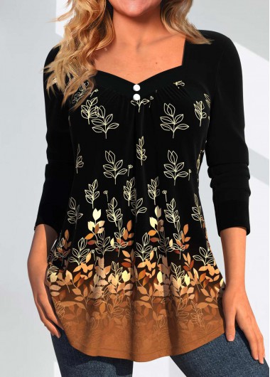 Modlily Dark Camel Button Random Floral Print T Shirt