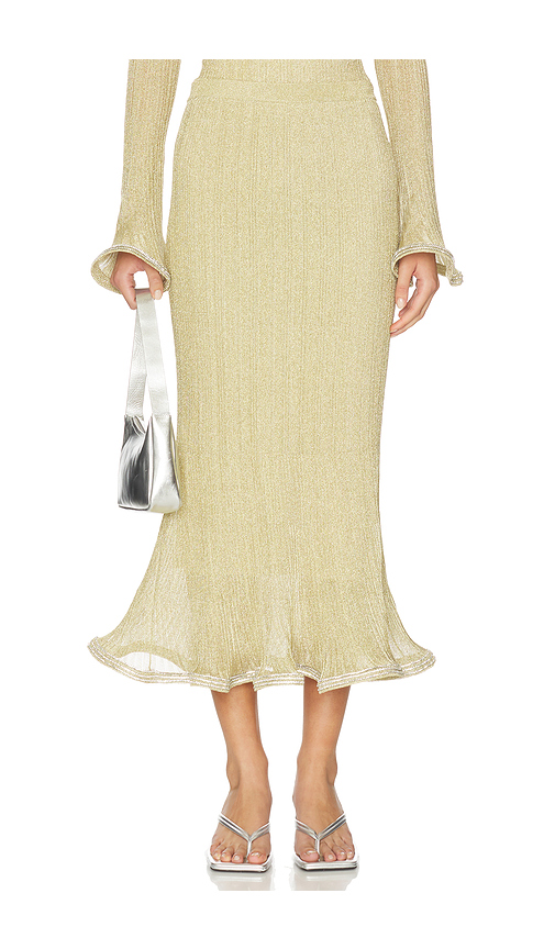 SIMKHAI Brighton Midi Skirt in Metallic Gold. L. Also in M, S