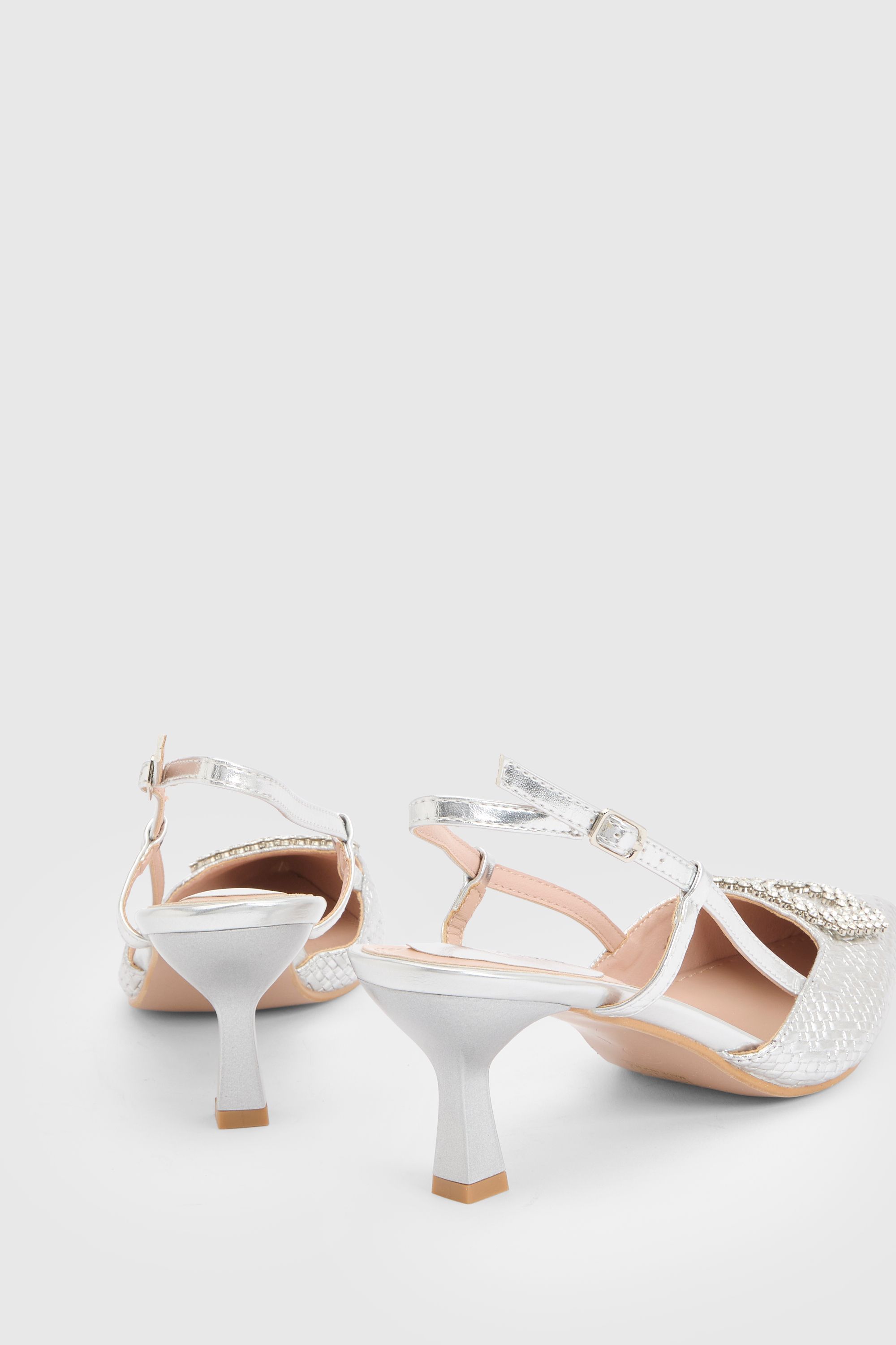 Oasis Womens Layla Faux Leather Woven Embellished Square Trim Point Kitten Heel Court Shoes - Silver