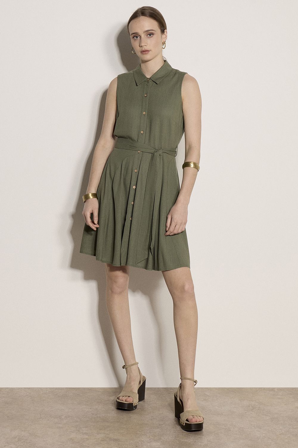 Apricot Women's Linen Blend Shirt Mini Dress in Khaki