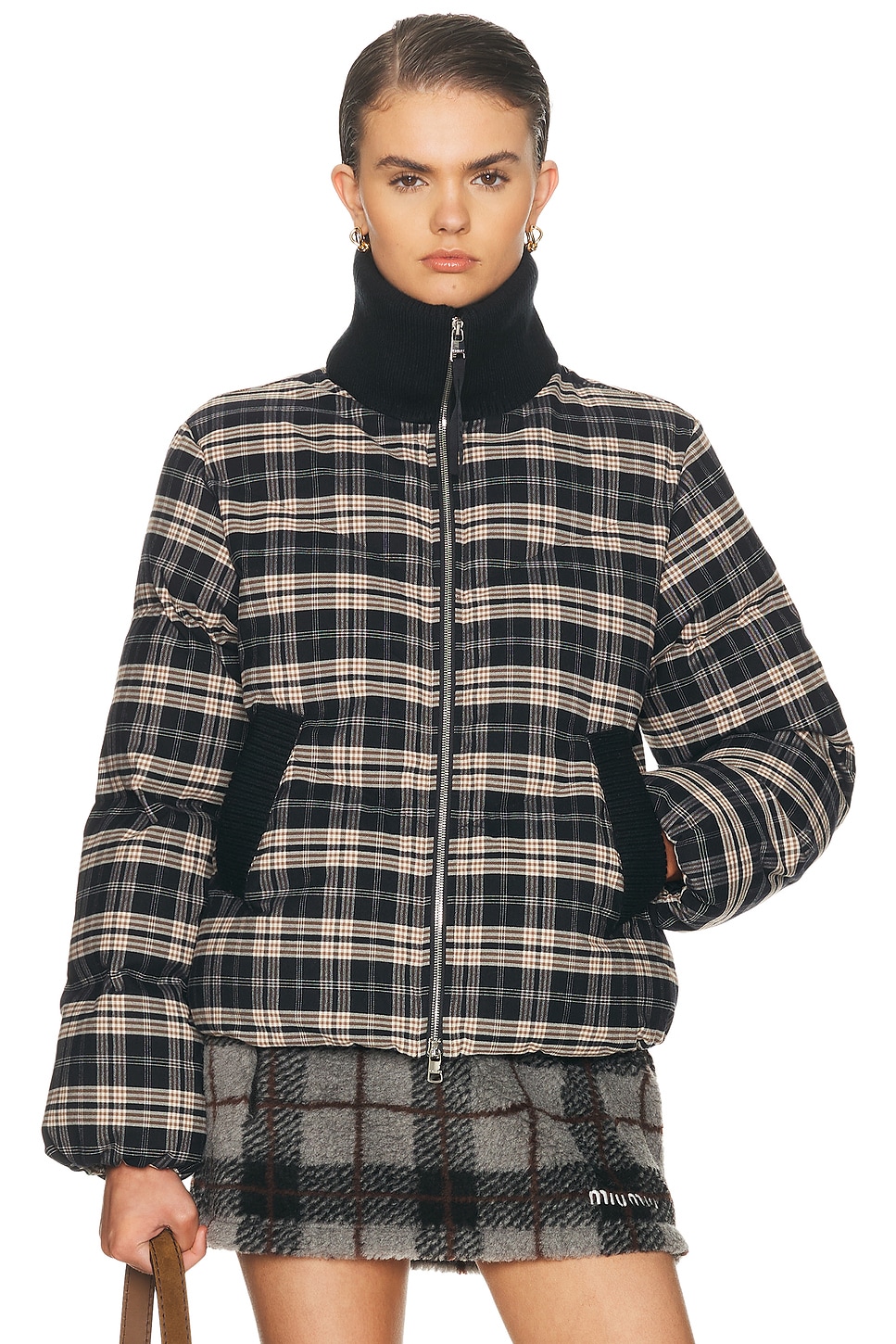 Varley Bryony Short Puffer Jacket in Navy Check - Black,Brown. S also in XS