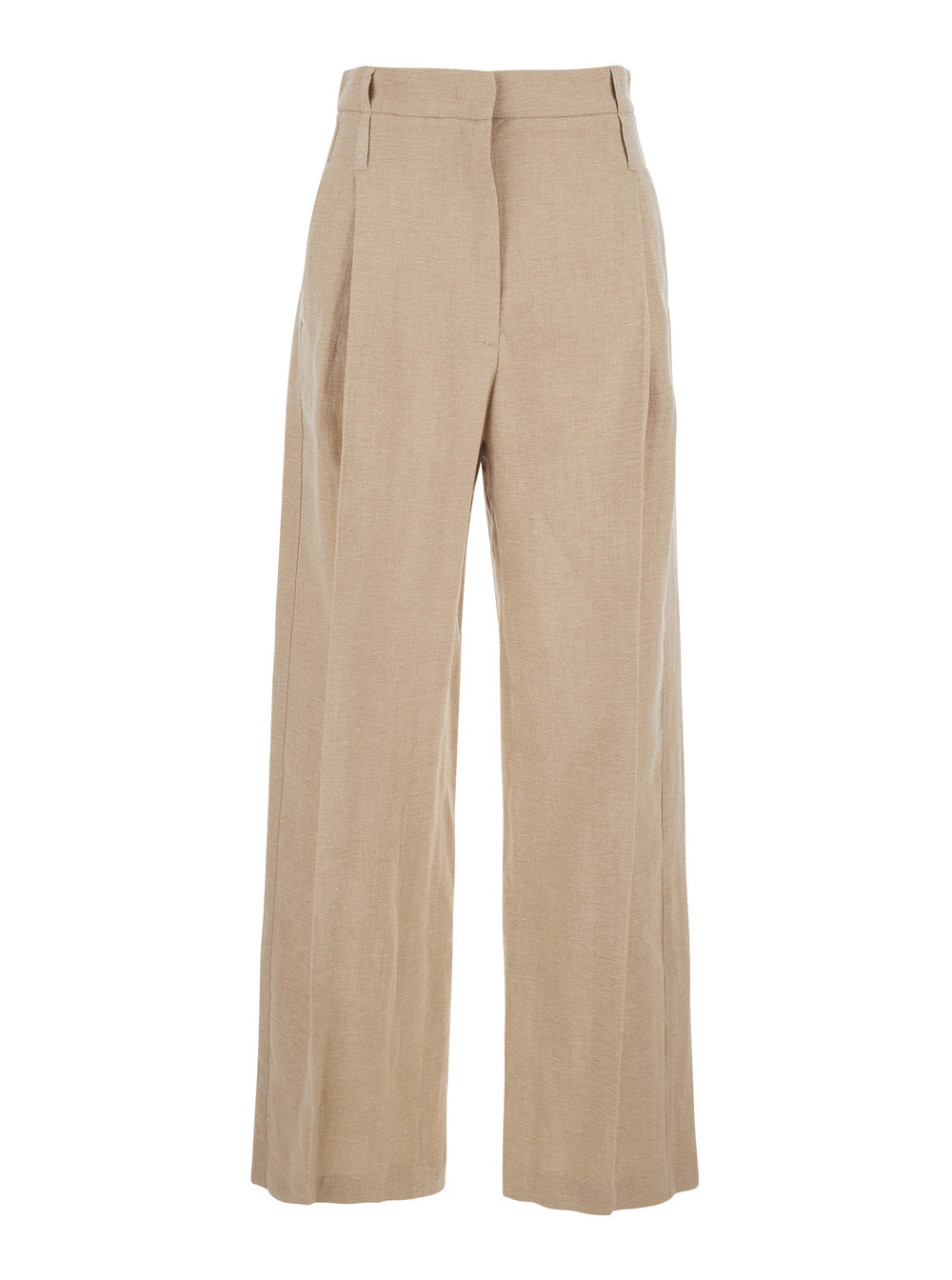 Front-Pleated Linen Blend Trousers — Beige