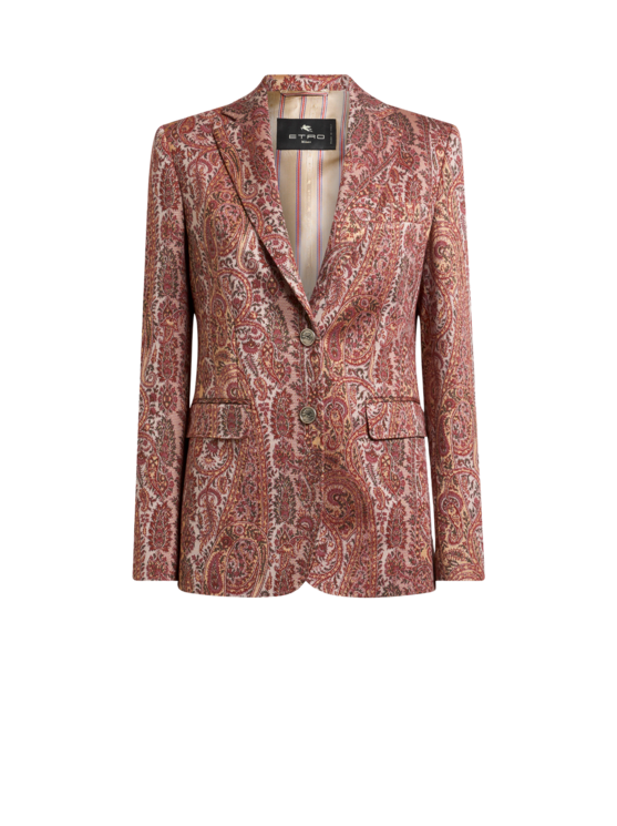 Single-breasted Cotton-blend Jacquard Jacket With Paisley Foliage Motif