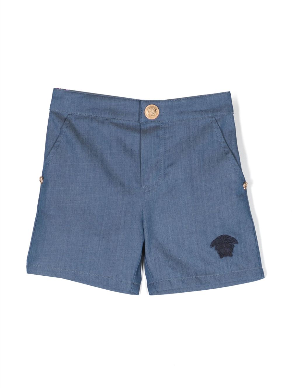Medusa-embroidered chambray shorts - Blue