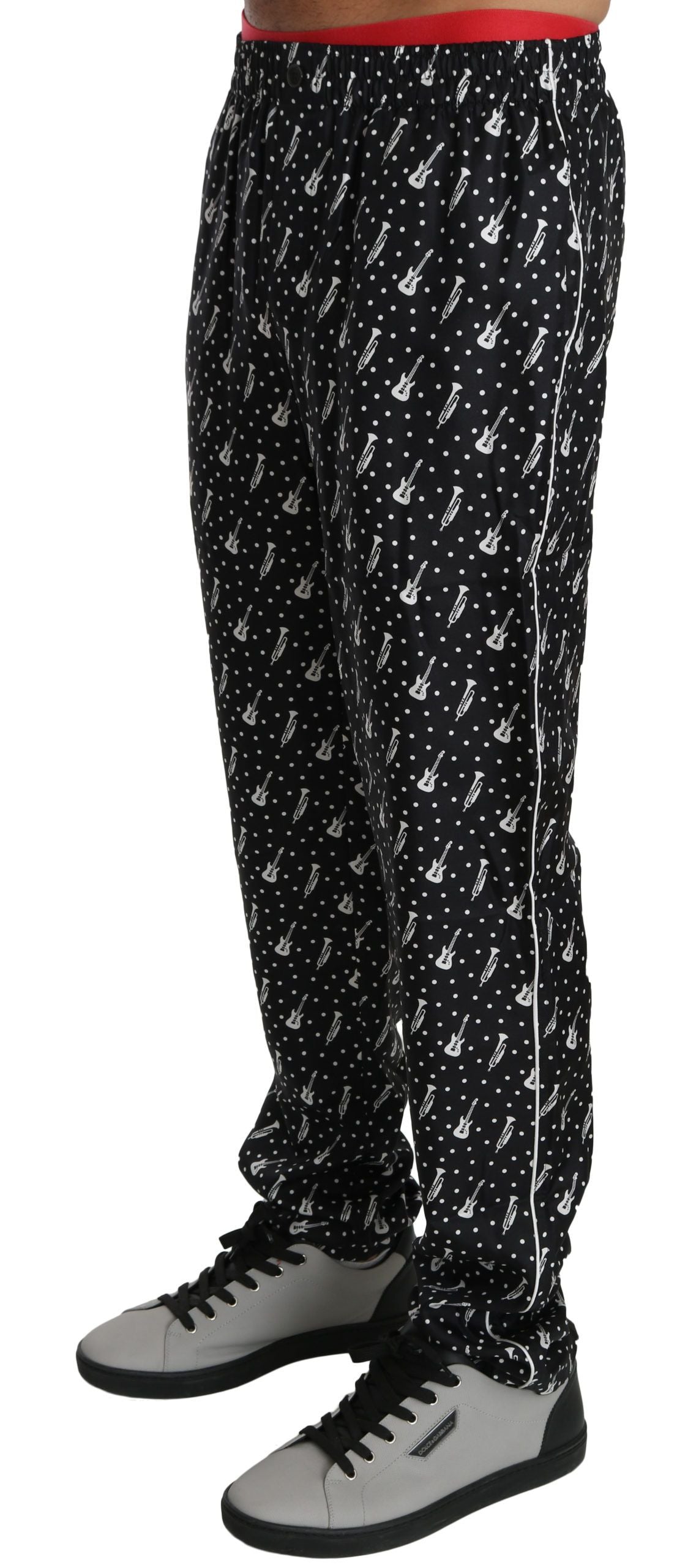 Musical Instrument Print Silk Jogger Pants — Black