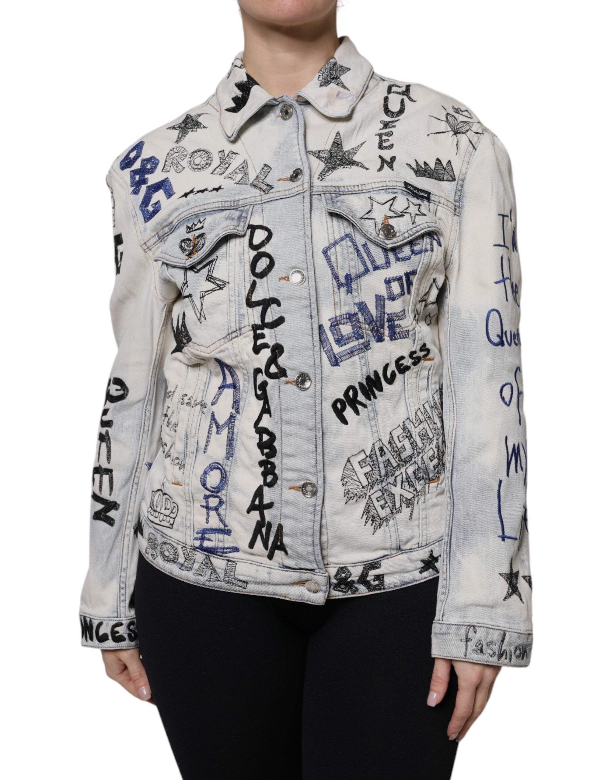 Graffiti-Print Denim Jacket — Blue