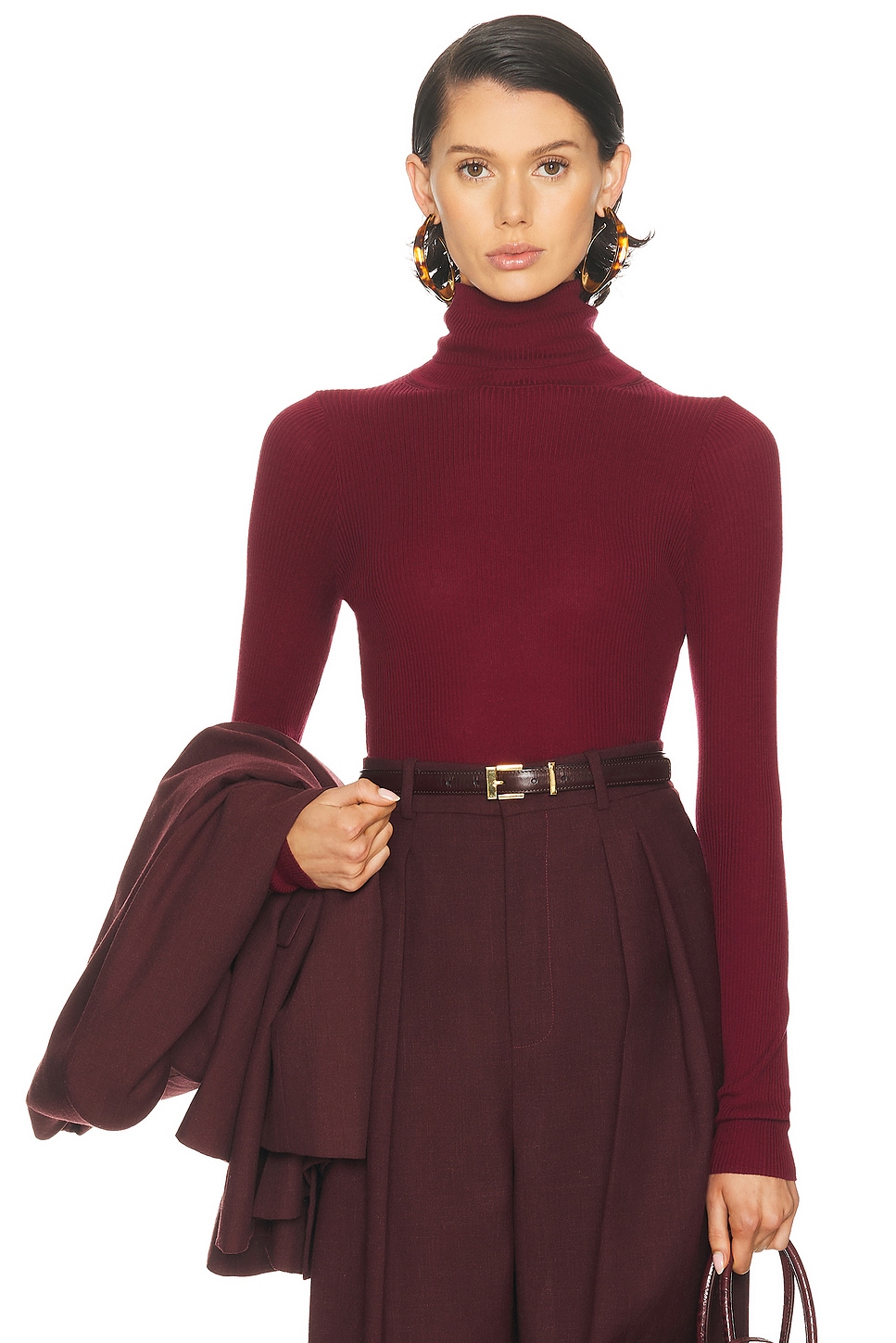 Enza Costa Silk Layering Turtleneck Top in Burgundy