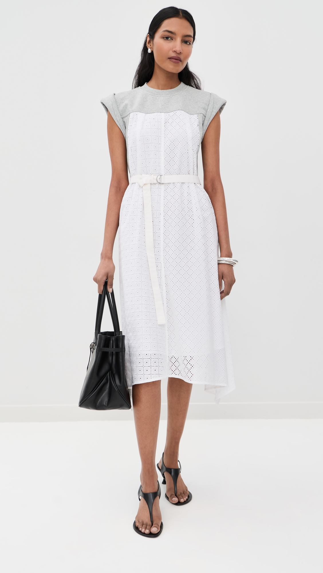 Sleeveless French Terry Midi Dress with Broderie Anglaise Lt Grey Melange/White