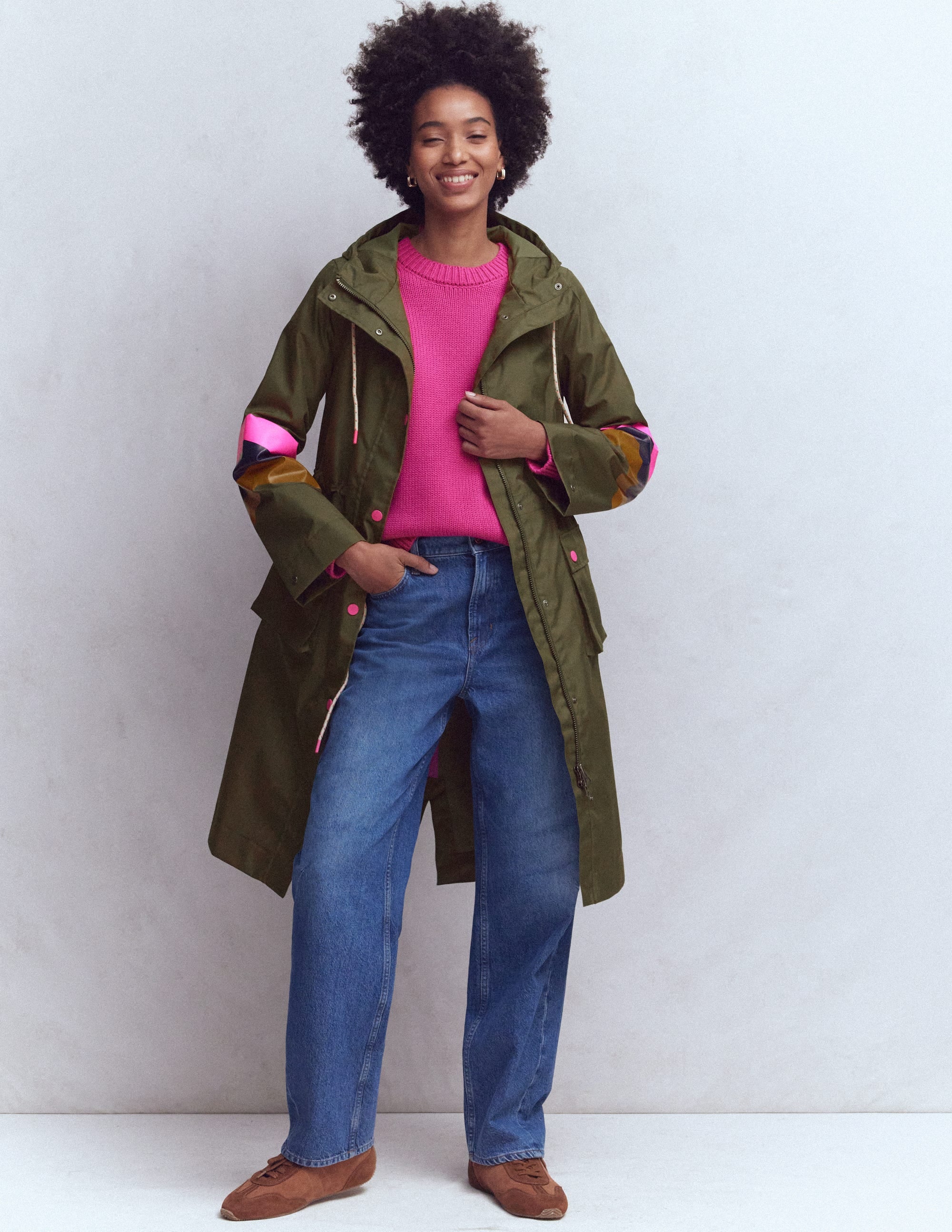 Women's Striped Longline Rain Mac Coat in Green | Size 2