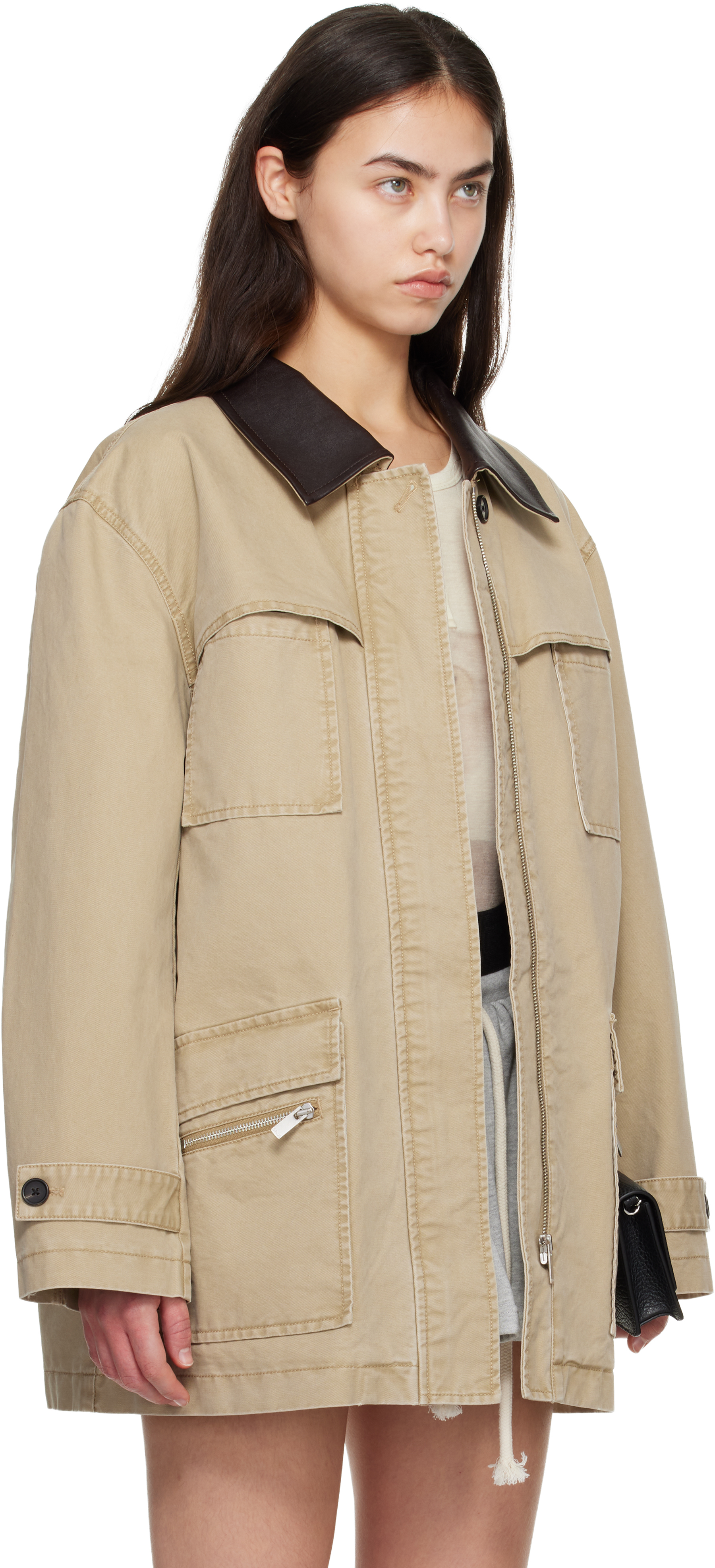Khaki Leather-Collar Multi-Pockets Distressed Jacket