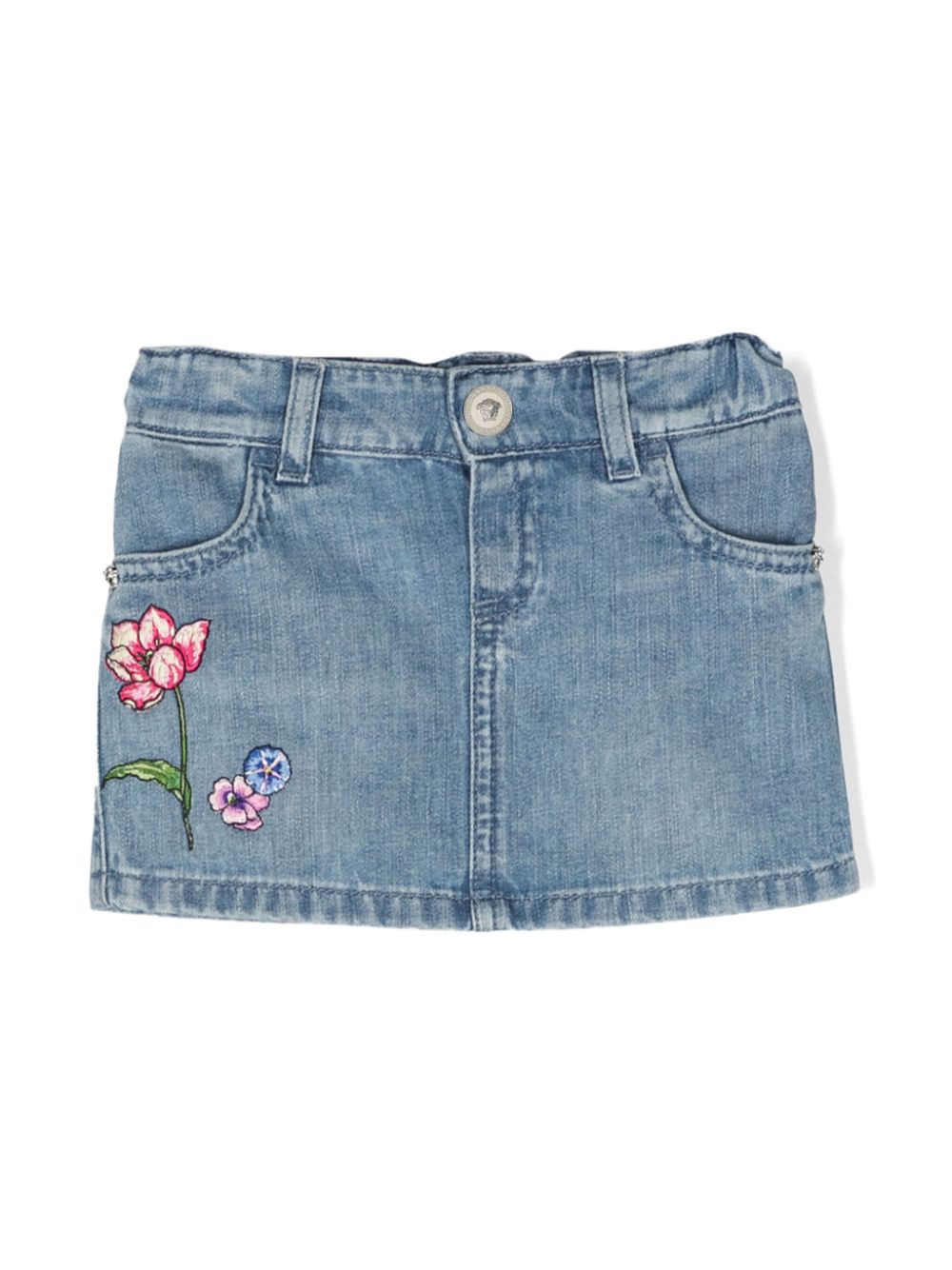Floral-embroidery denim miniskirt - Blue