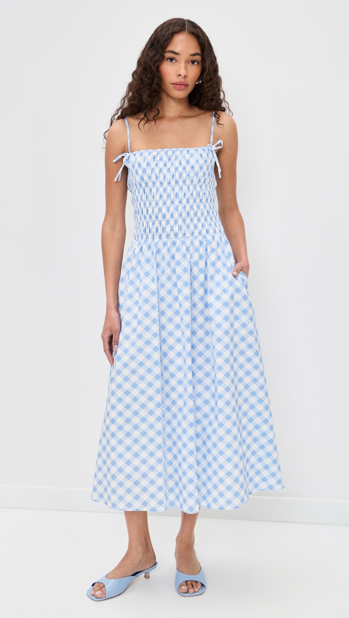 Checked Smocked Midi Dress Powder Blue