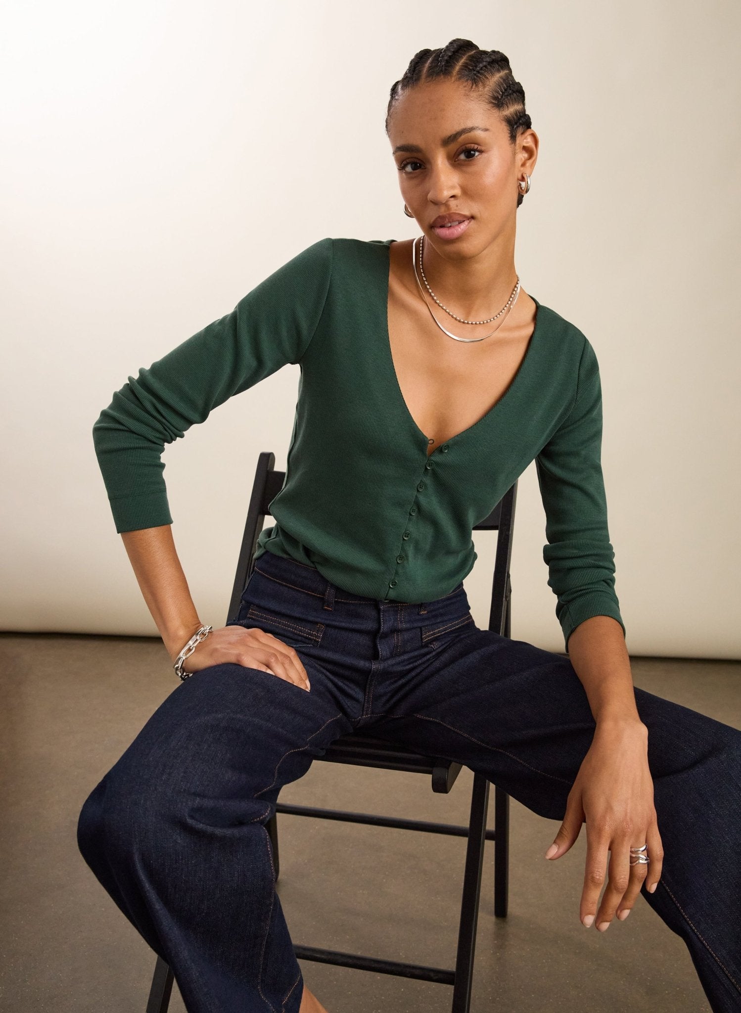 Audrey Button Through V-Neck Top Forest Green