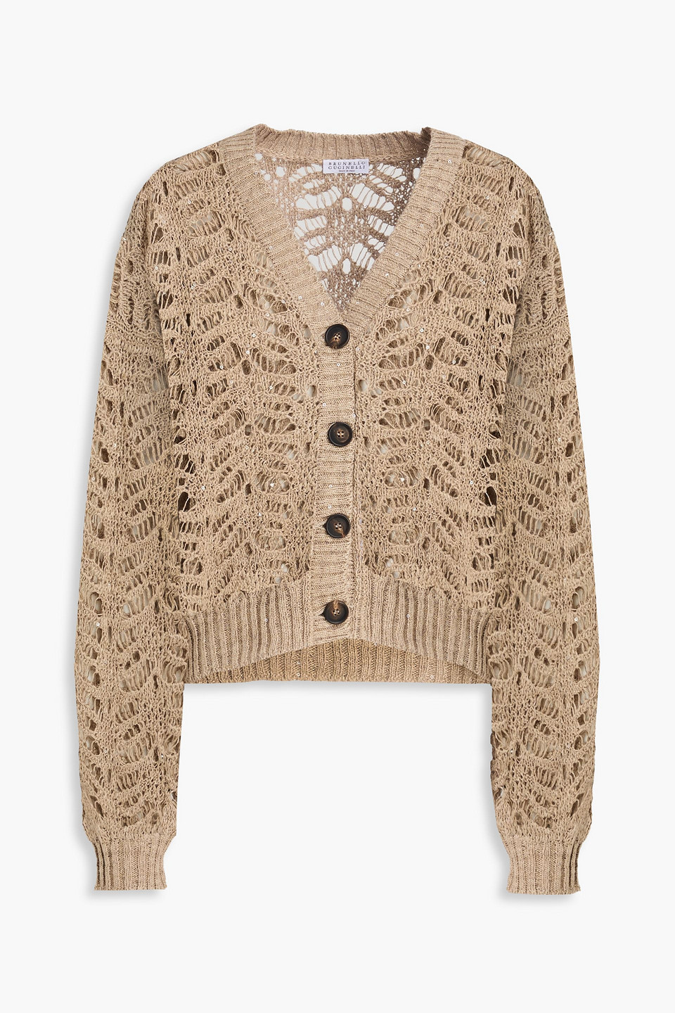 Sequin-embellished open-knit linen-blend cardigan - Neutral - 3XL
