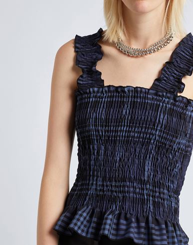 Cotton Check Ruffled Smock Top Woman Top Midnight blue Size 10 Polyester, Virgin Wool, Elastane