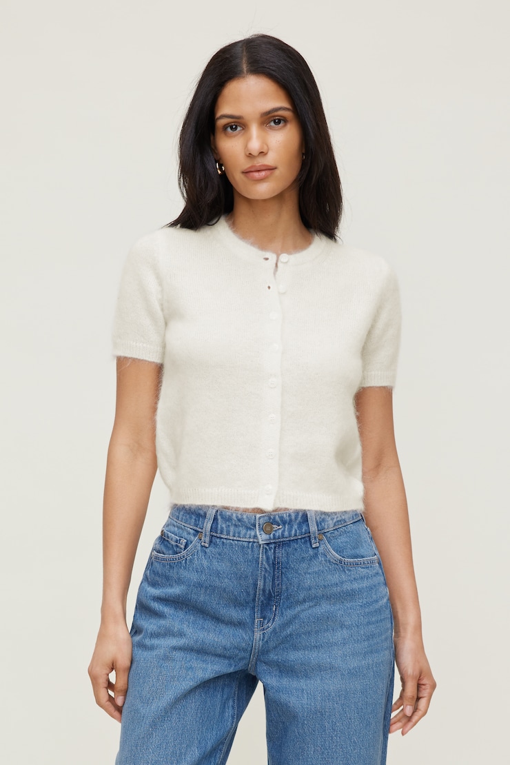 Premium Mohair Short Sleeve Cardigan - White - Women Clothing
