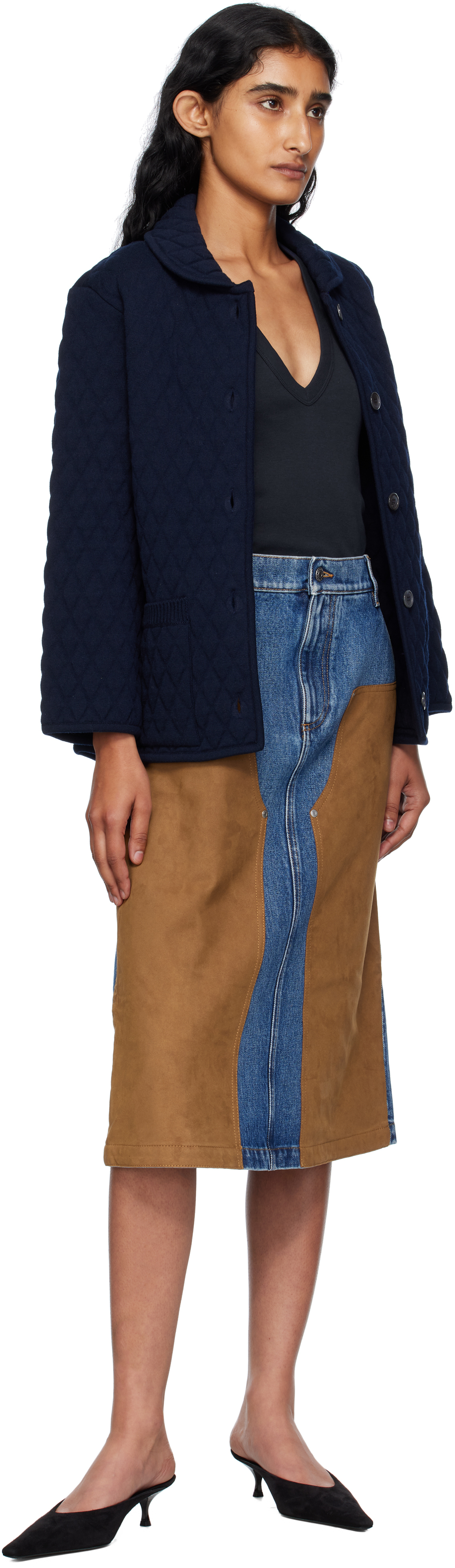 Blue & Tan Mixed Denim & Faux-Suede Midi Skirt