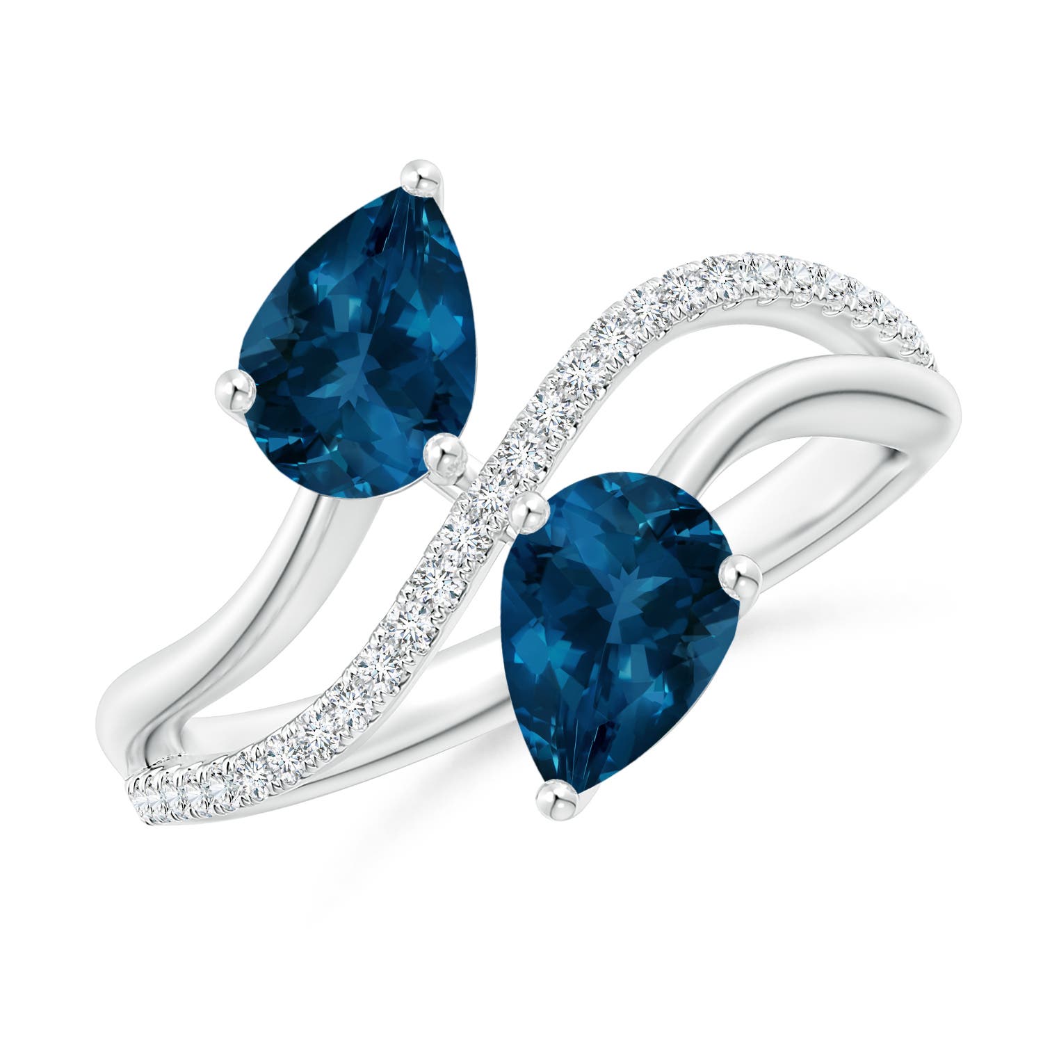 Angara 1.6 Carats Pear-Shaped London Blue Topaz Two-Stone Bypass Ring in Platinum