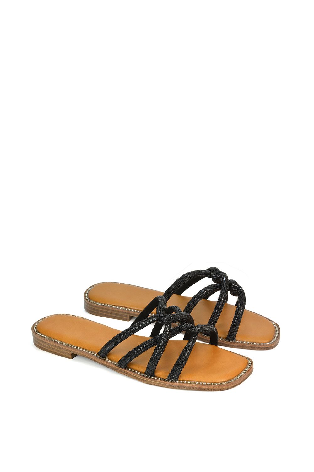 XY London Women's 'Sofia' Strappy Diamante Trim Square Toe Flat Sandals in Black