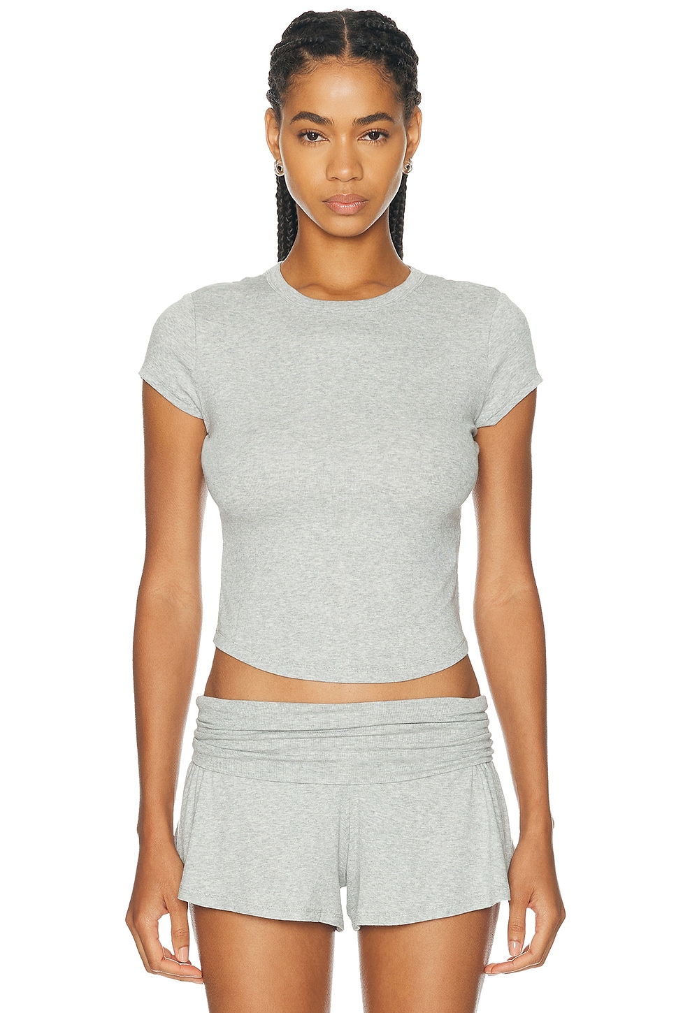LUNYA Soft Modal Rib Curved Hem Tee in Grey