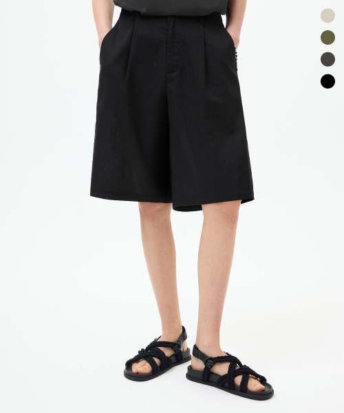 Rain Slub Two-tuck Bermuda Denim Shorts_INDIGO
