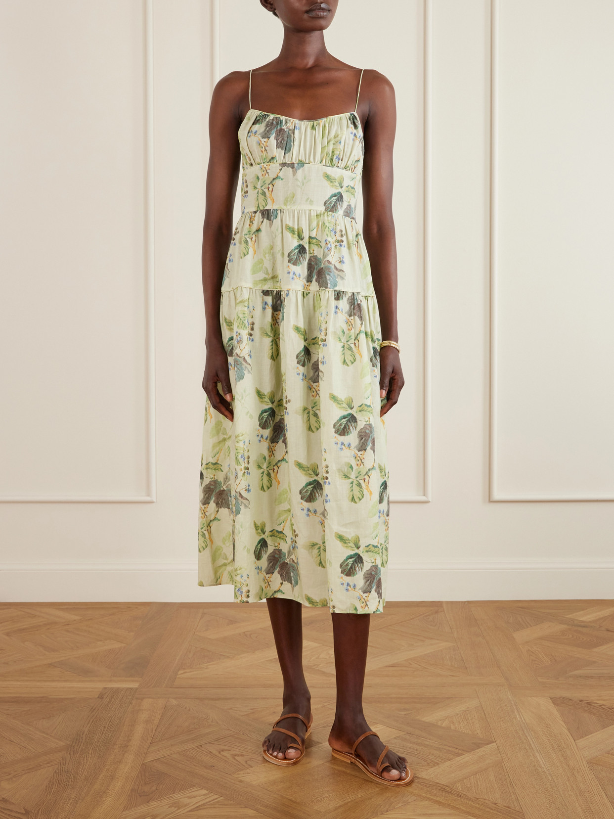 Benoit Tiered Gathered Floral-print Ramie Midi Dress - Green