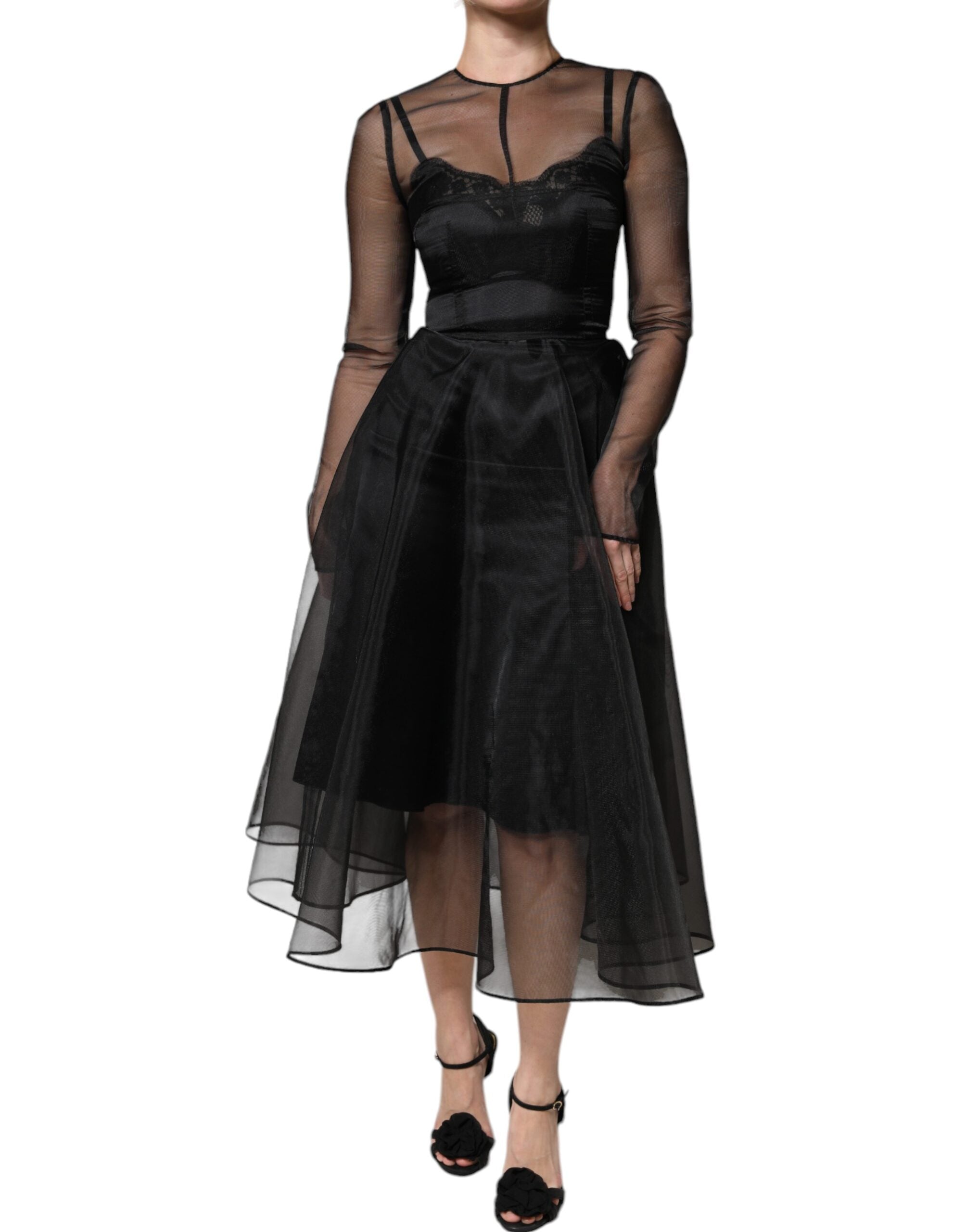 Sheer Tulle A-Line Midi Dress — Black