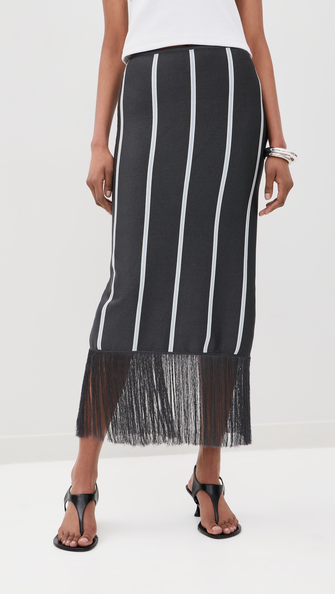Striped Midi Skirt with Fringe Slate Multi