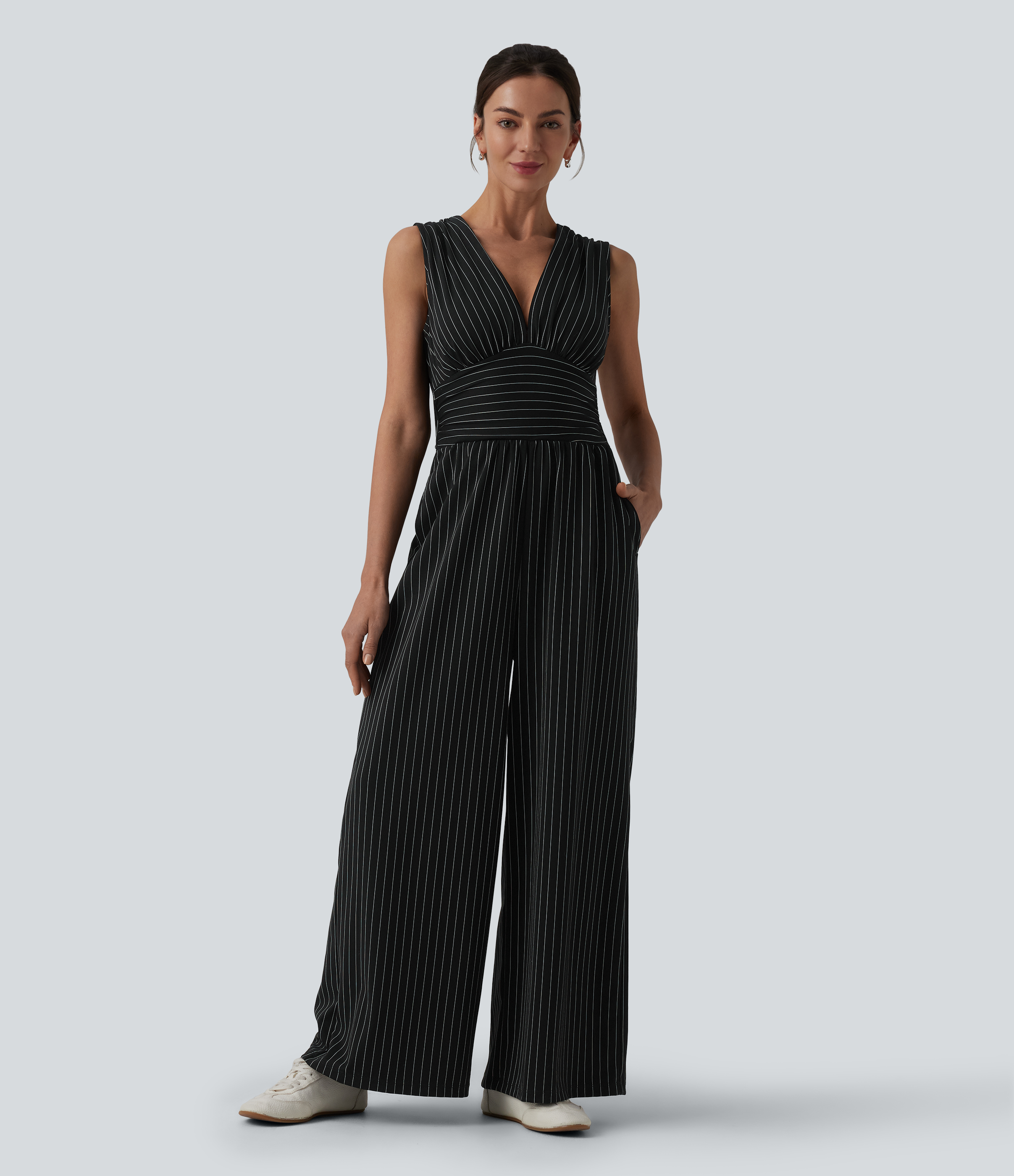 V Neck Sleeveless Ruched Stripes Work Jumpsuit with Pockets-Easy Peezy  - Black White Pinstripe