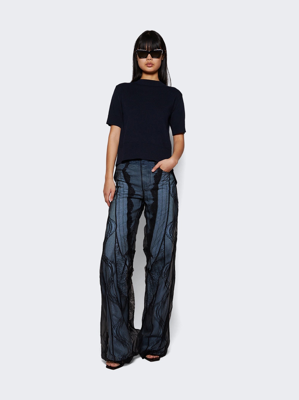 Christopher Esber sheer-overlay wide-leg jeans - Blue