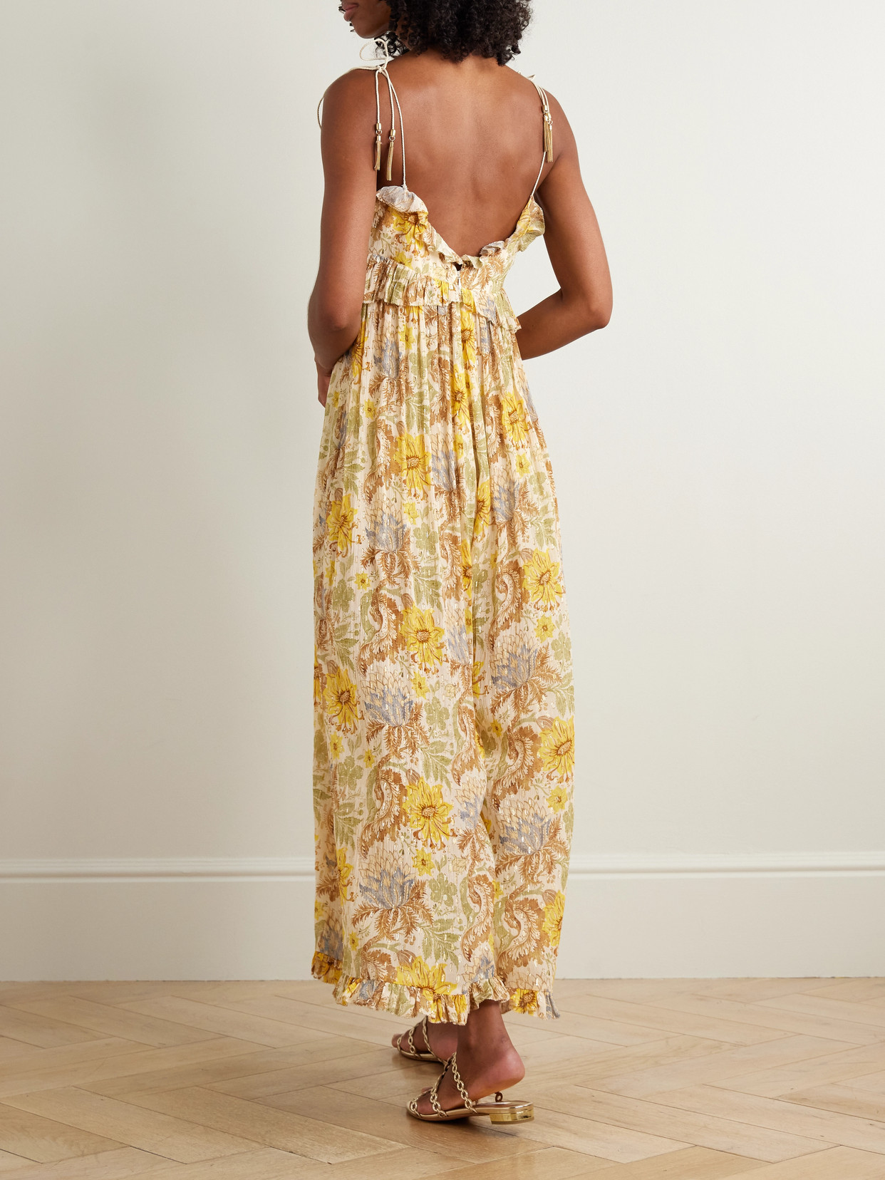 Daylight Ruffled Floral-print Metallic Fil Coupé Gauze Jumpsuit - Orange