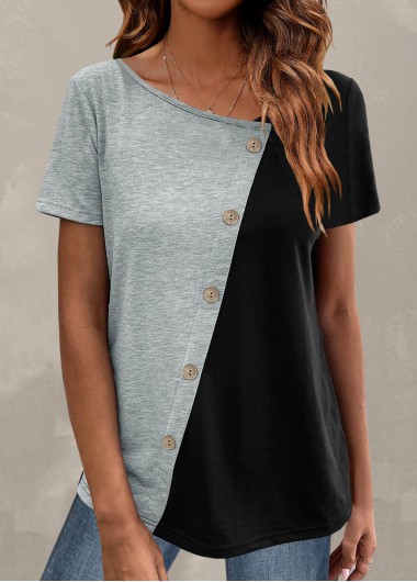 Modlily Light Grey Marl Button Short Sleeve T Shirt