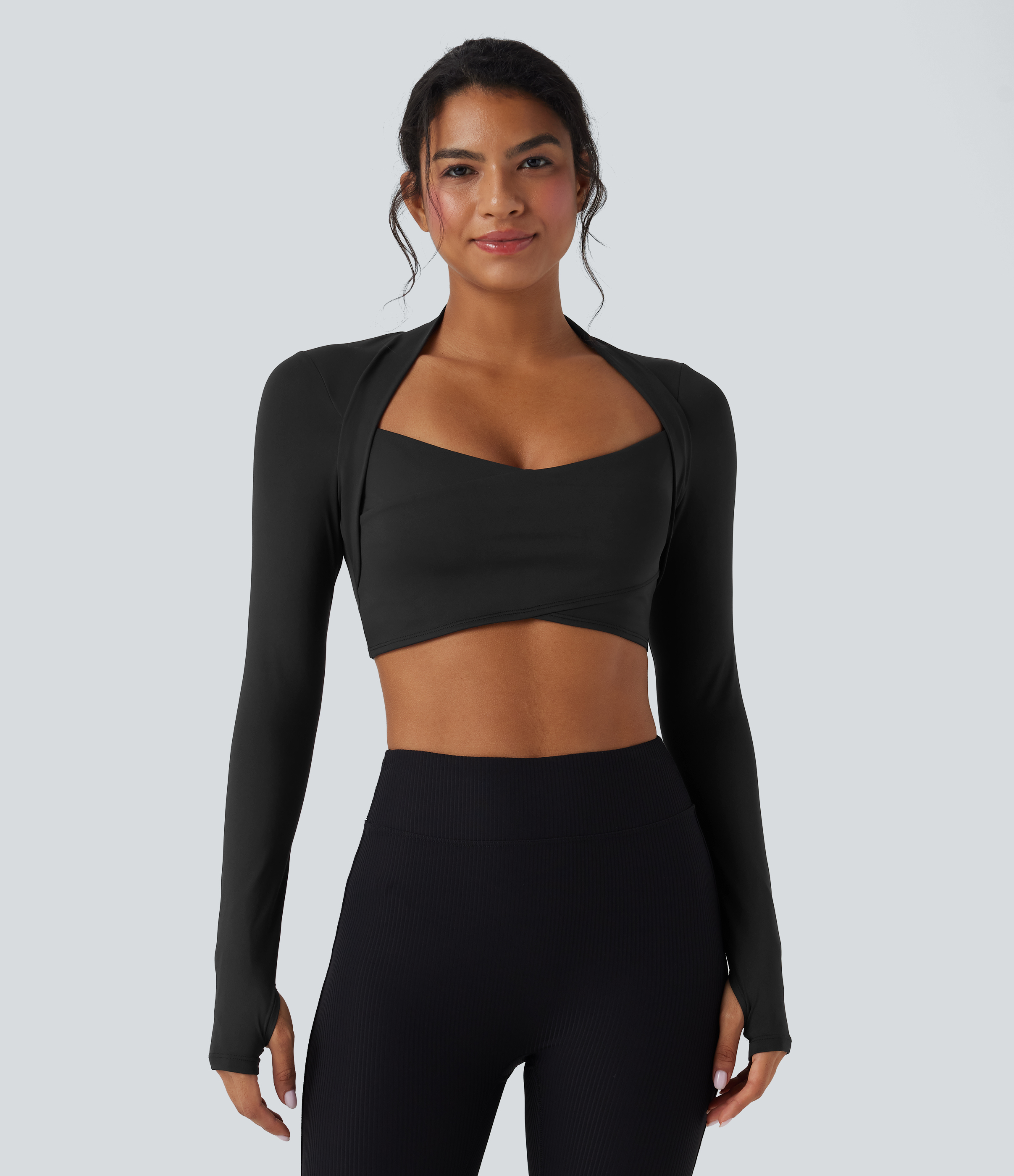SoftlyZero™ QuickDry Crossover Thumb Hole Cropped Yoga Sports Shrug Top  - Black
