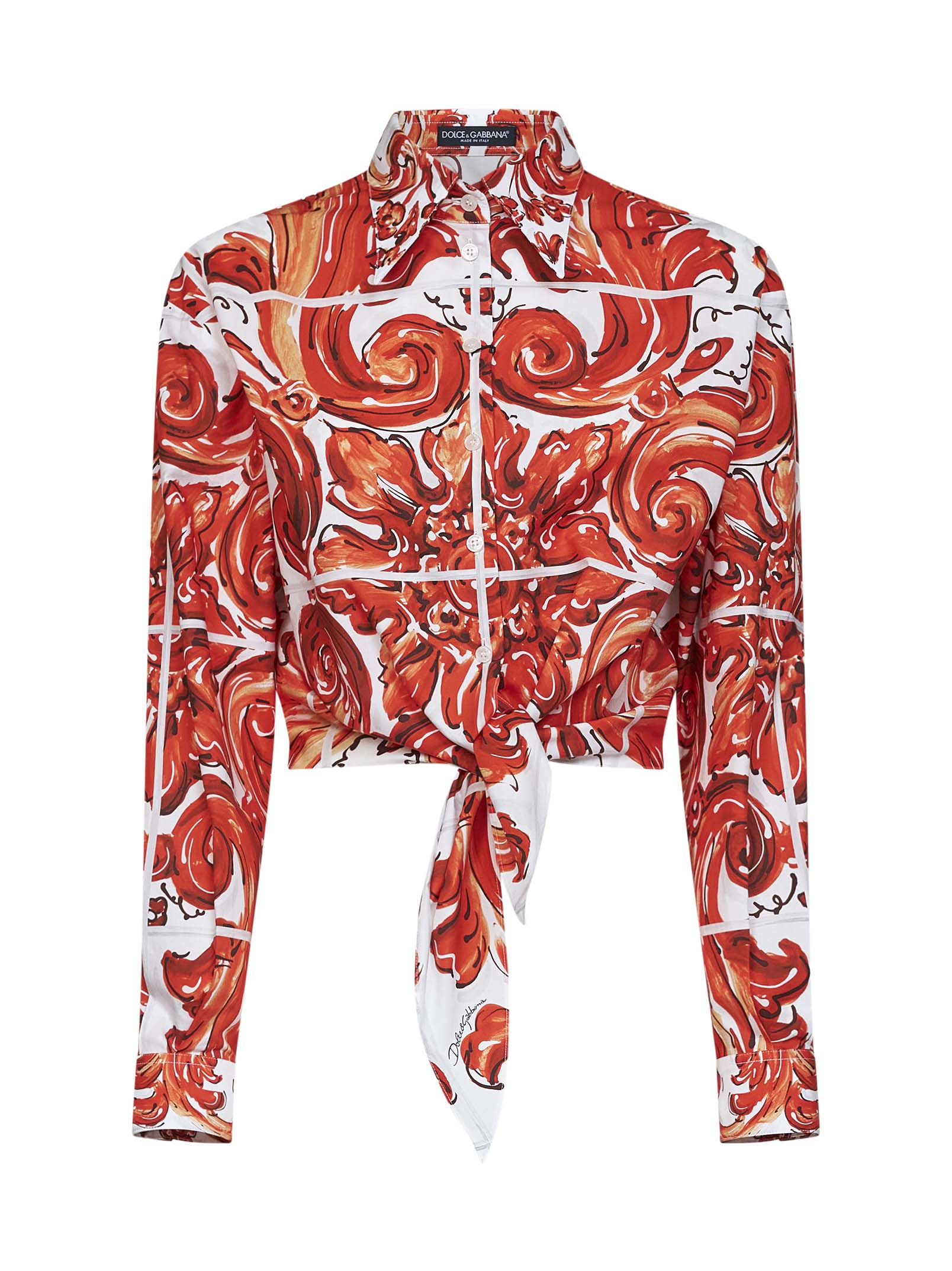 Maiolica-Print Cropped Shirt — Orange
