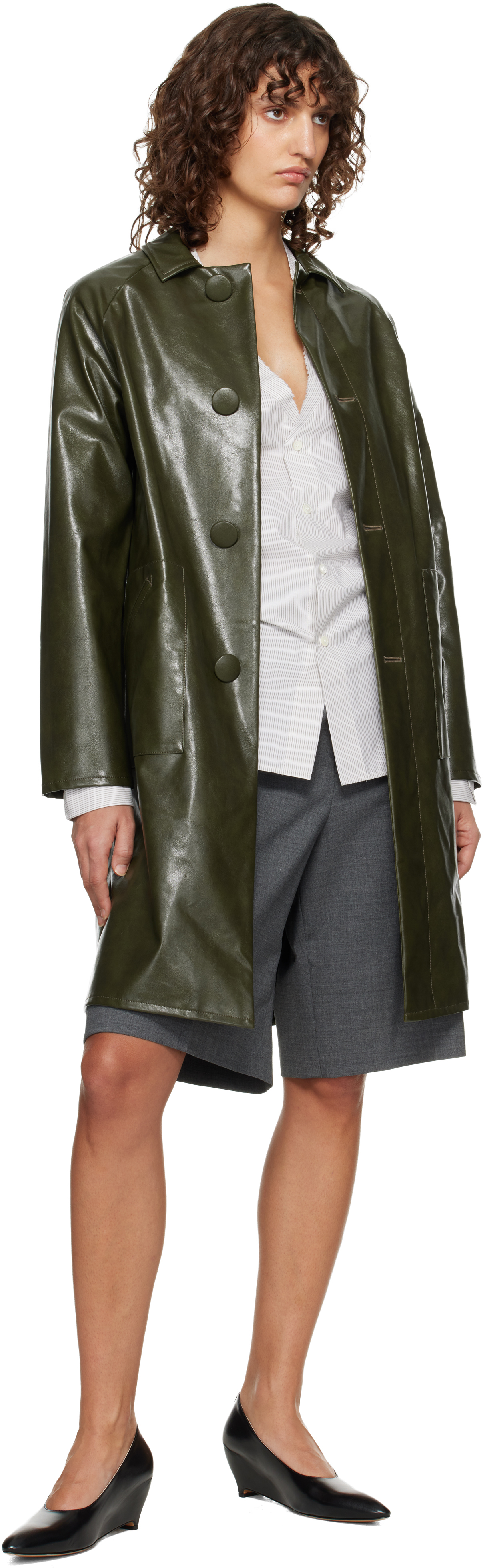 Khaki Raglan Faux-Leather Coat
